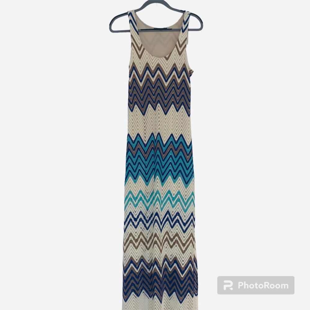 Sanctuary SzSm chevron cream/blue/teal/tan maxi dress half lined with side slit